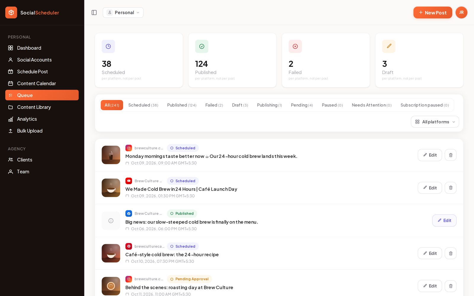 SocialScheduler Queue screen